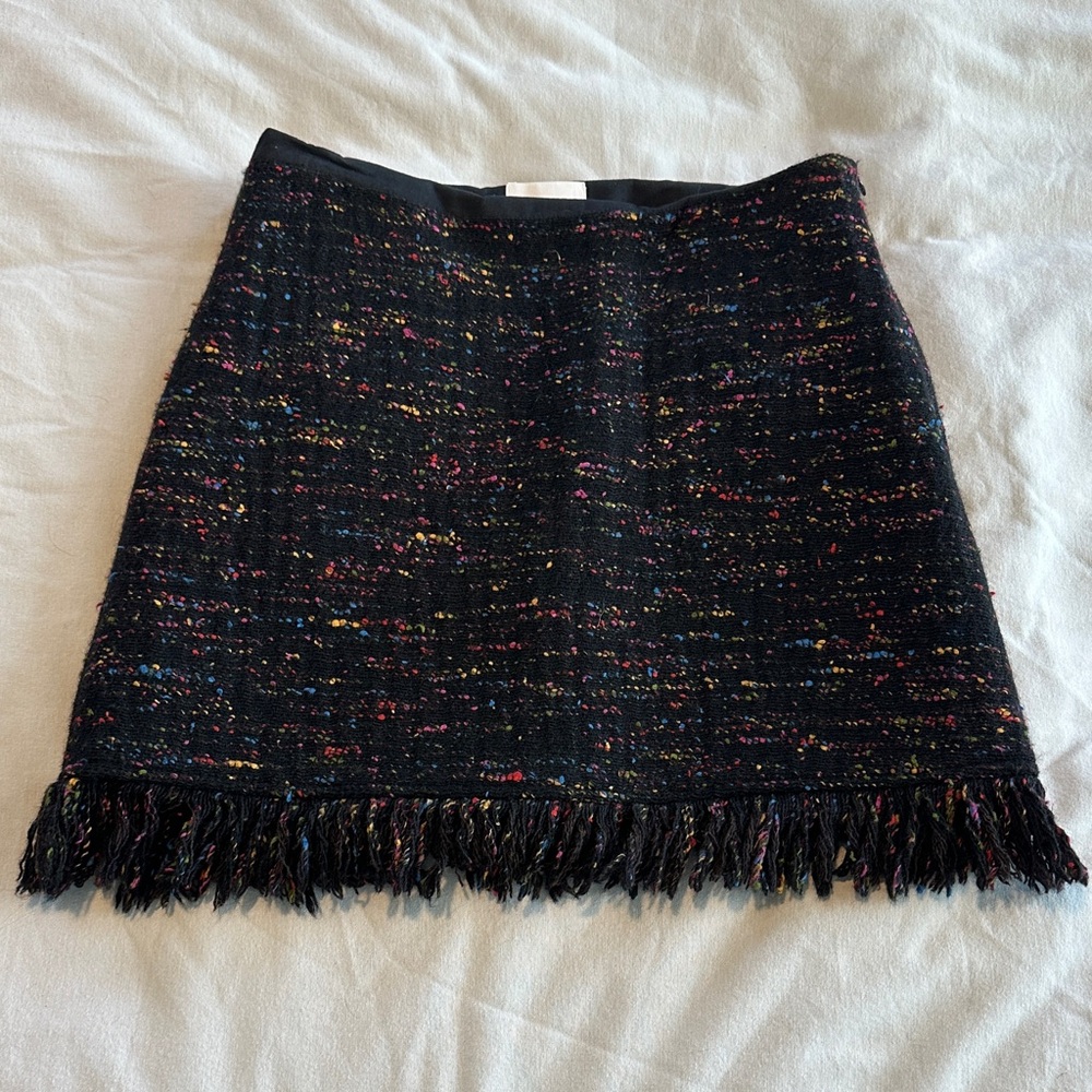 Ganni Black Tweed Mini Skirt with Multicolor Fleck Fringe